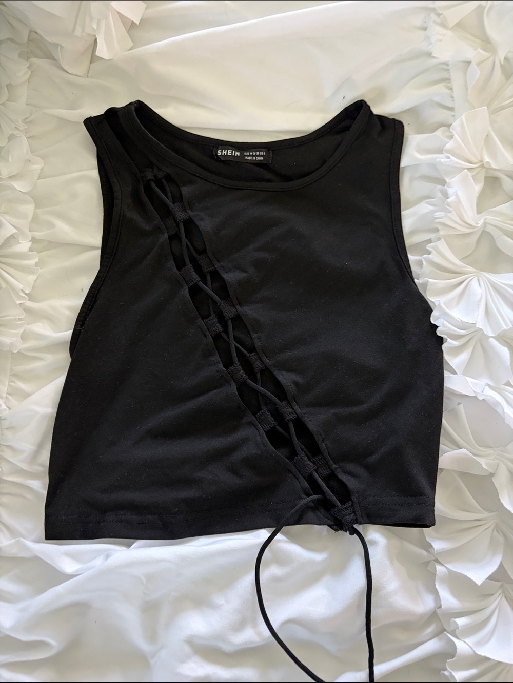 SHEIN Black Diagonal Lace-Up Crop Tank